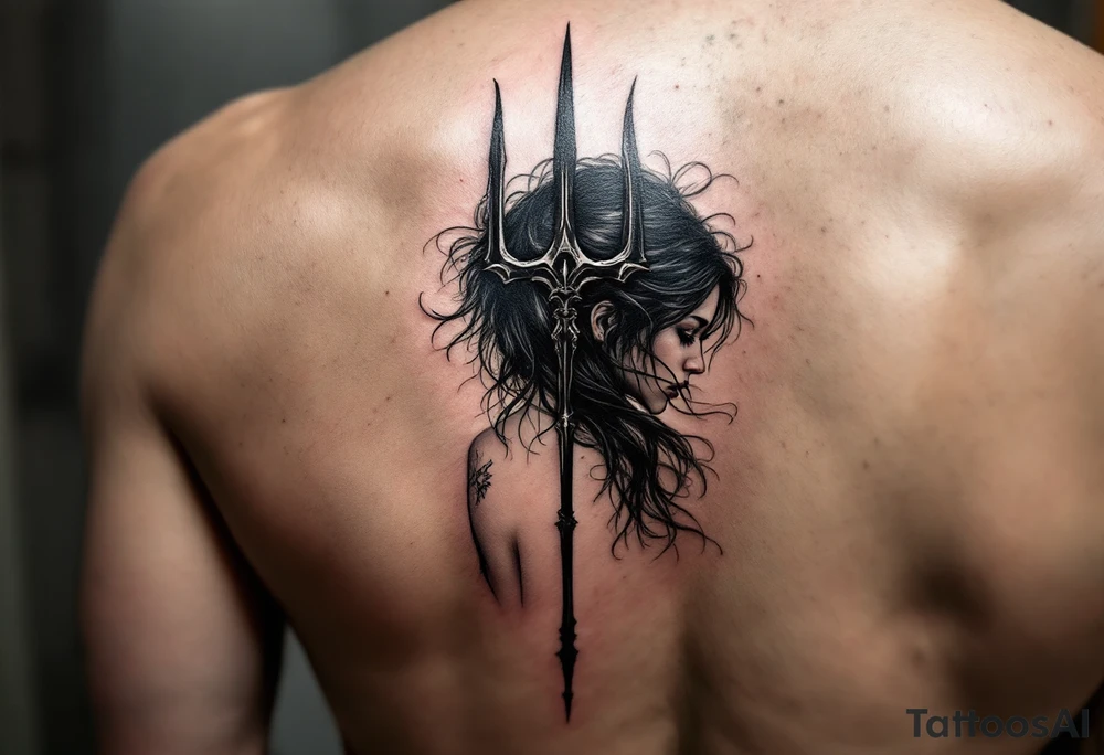 nude woman with black hair behind trident tattoo idea