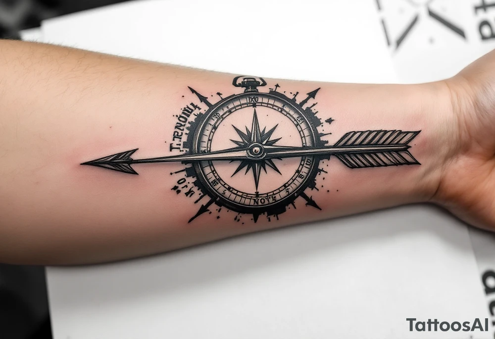 Rustic half compass half clock with and long native American arrow pointing at my wrist with the words “True North” tattoo idea