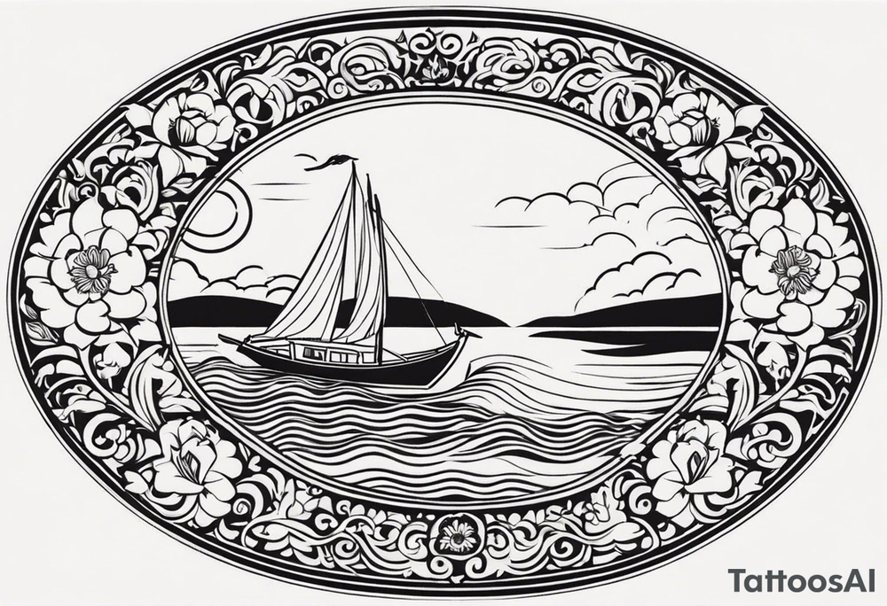 Create an oval-shaped frame with the text “Honeymoon” written in Thai inside the oval. At the center of the oval, place a traditional Thai long-tail boat decorated with flowers at its bow, as is customary. The boat should be floating on open water with gentle waves, and beneath the boat, include a swimming turtle. tattoo idea