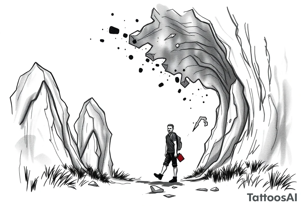 Everything everywhere all at once :Confusion and pressure in thin lines solo traveler with no face with his body parts left on the path behind him he’s walking carefully with much regret and broken parts tattoo idea