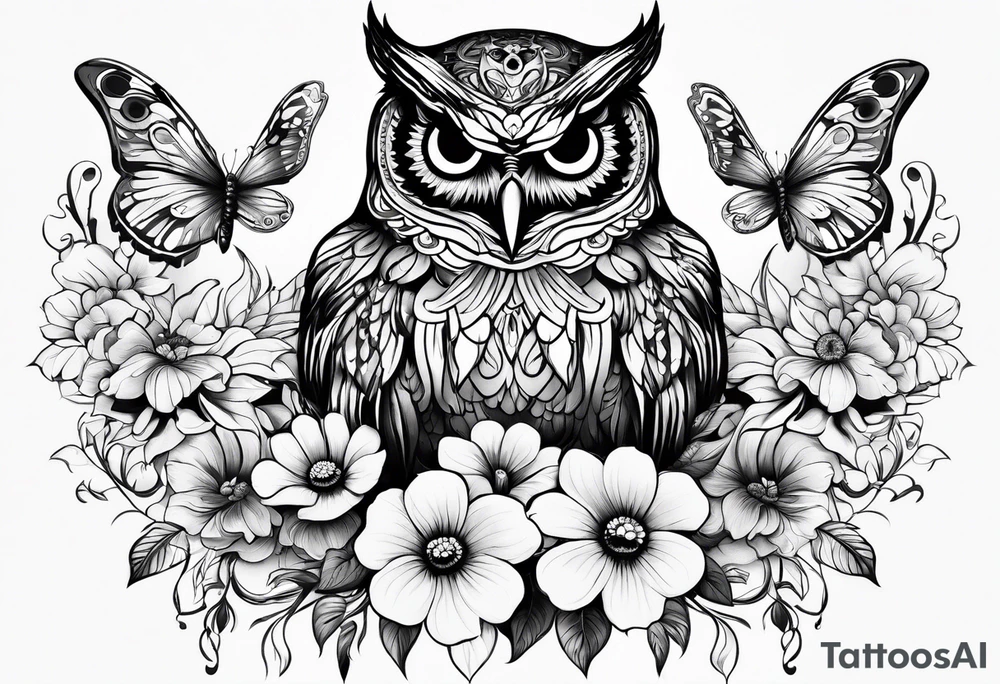 Flowers with butterflies and a owl tattoo idea