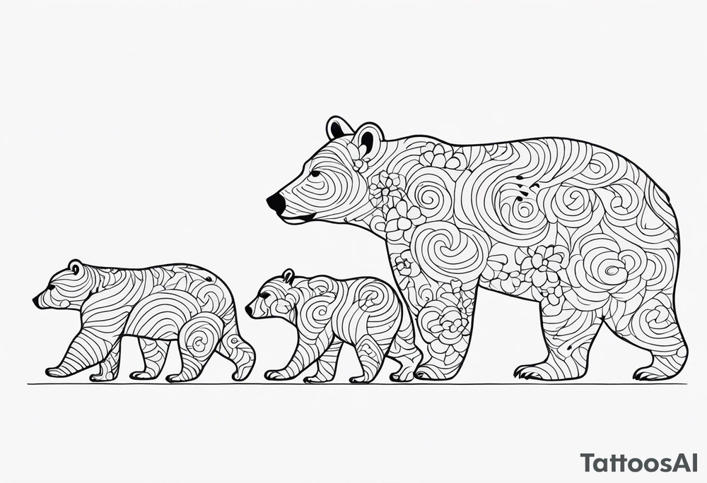 Outline drawing of the profile of a mama bear followed by three cubs in a line. The four bears are connected together with a delicate floral pattern. tattoo idea