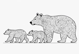 Outline drawing of the profile of a mama bear followed by three cubs in a line. The four bears are connected together with a delicate floral pattern. tattoo idea