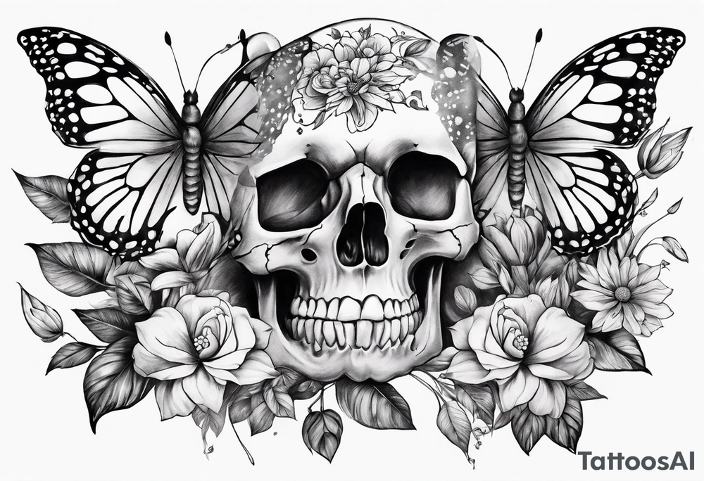 Sexy Skelton  sleeve with butterflies and flowers tattoo idea