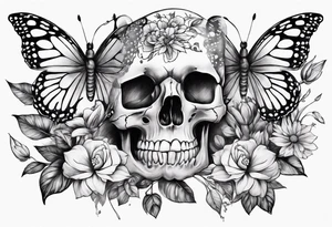Sexy Skelton  sleeve with butterflies and flowers tattoo idea