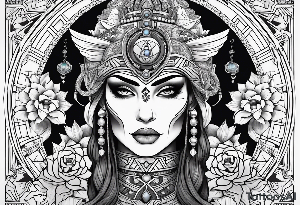 kali ma, alien goddess, valkrye, pirate, divine feminine, zenza resonance, pachamama, lotus azul, blank panther, eagle, skull, 5D, nueva gaya, dna 12 tattoo idea
