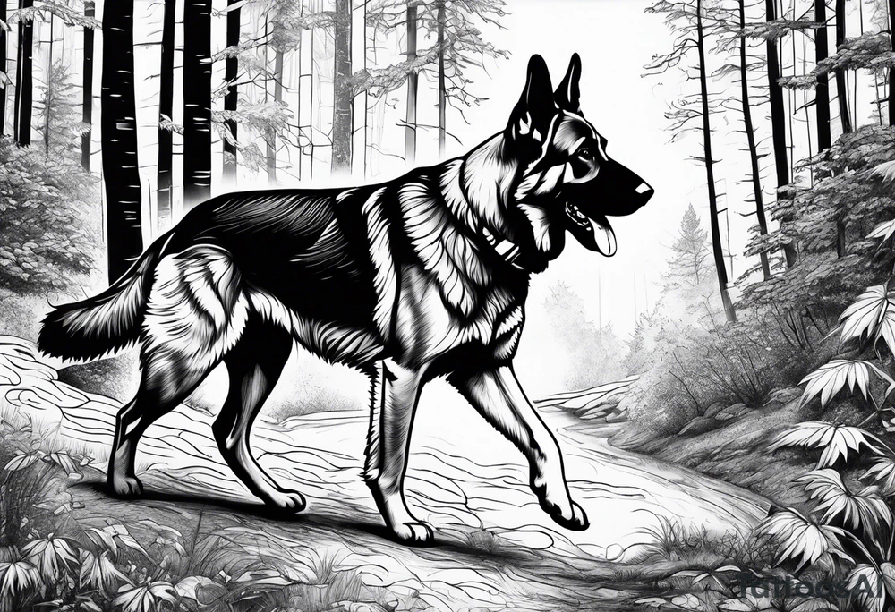German shepherd dog walking in a forest tattoo idea