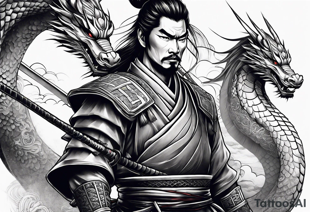 Samurai with 2 dragons on arm tattoo idea