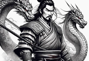 Samurai with 2 dragons on arm tattoo idea