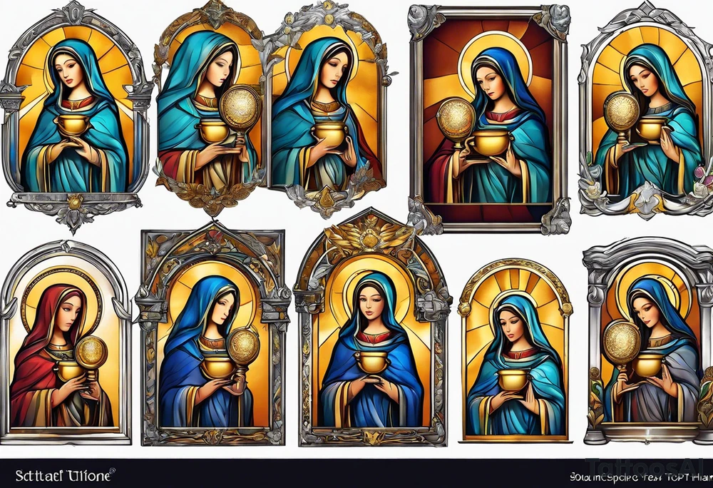 holy saint woman turned away with golden halo holding a chalice tattoo idea