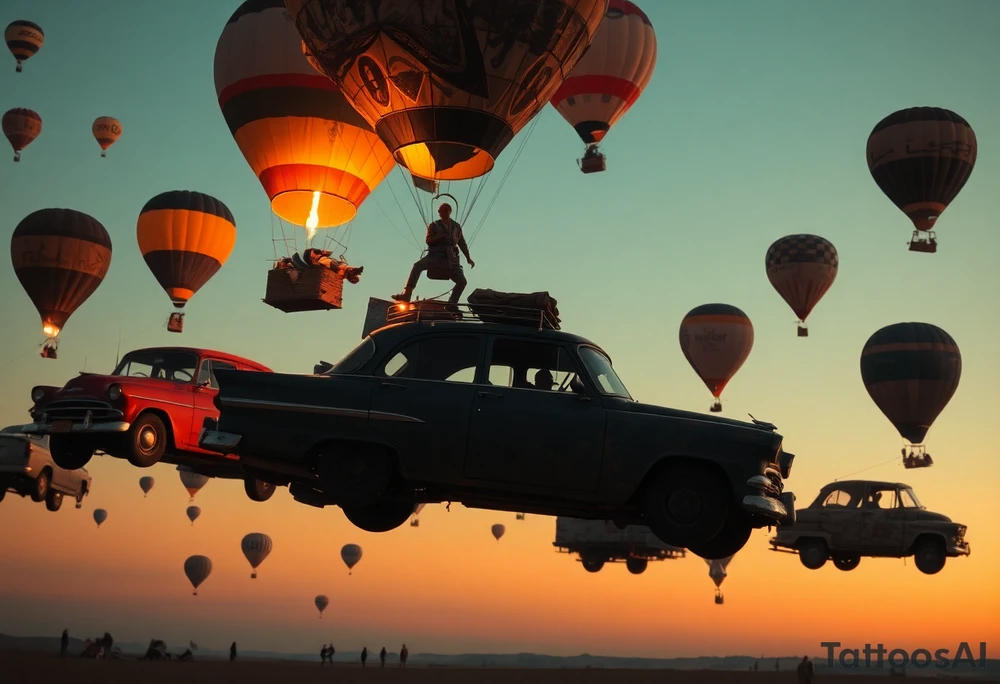 in a very steam punk vibe i want you to make a picture of a bunch of old beat up cars with people lounging in them and garbage and junk all up in and on them, tied to hot air balloons floating in the sky right about dusk and they are as far as the eye can see i want the cars to be floating as if they were the basket to the hot air balloons and the hot air balloons are all different colors and patterns and some are old and patched and i dont want to see the ground at all  i want this to be a scene that is up in the sky with them all floating under the balloons like it is in a dream and every single balloon in the picture is attached to a different old car, and some of the cars you can see people kicked back with thier feet out the window and stuff on the dash of the car, and some with people hanging an arm out hte window some have cigarrette smoke coming out the window, and the balloons all are different but every single car is floating high in the sky and i dont want there to be too many balloons and cars, just a few close together, and the rest ll are smaller and off in the distance 

and it should look like i too am in a car attached to a hot air balloon floating along as well and there should be no ground in sight,... because each one is hiigh in the sky, on a long voyage together tattoo idea