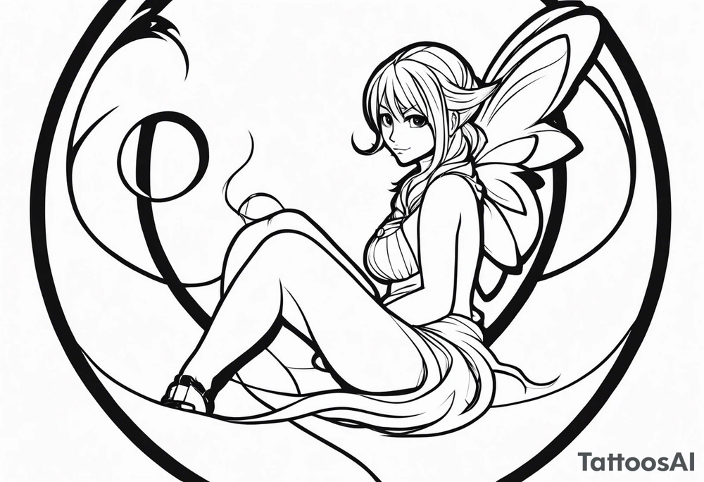 No color fairy with a tail inspired by the guild symbol in the anime show called Fairy Tail in a fetal position leaning in and forward while crawled in tattoo idea