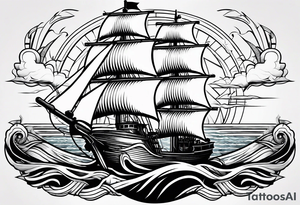 a ship anchor with an S through the anchor and angle wings on the left and right side. ocean waves in the background tattoo idea