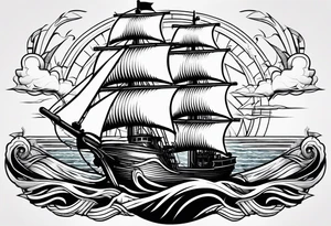 a ship anchor with an S through the anchor and angle wings on the left and right side. ocean waves in the background tattoo idea