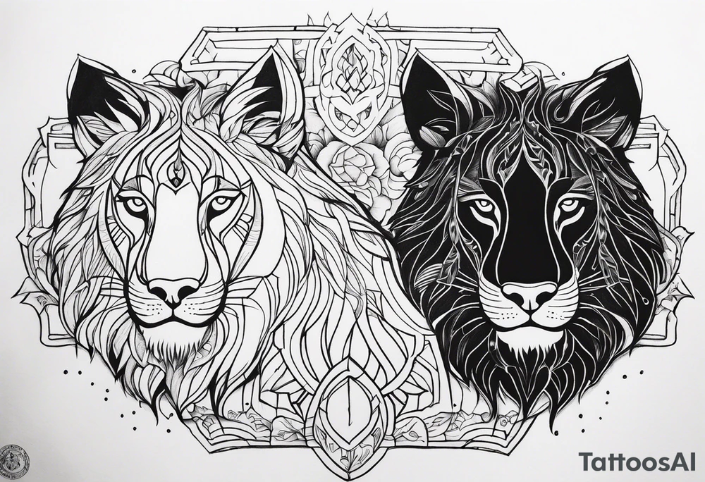 uma leoa, um leao e seus dois filhotes dentro de um retangulo tattoo idea