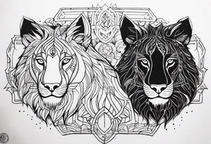 uma leoa, um leao e seus dois filhotes dentro de um retangulo tattoo idea