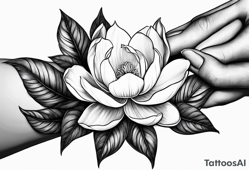 two hands holding a magnolia flower in them tattoo idea
