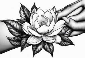 two hands holding a magnolia flower in them tattoo idea
