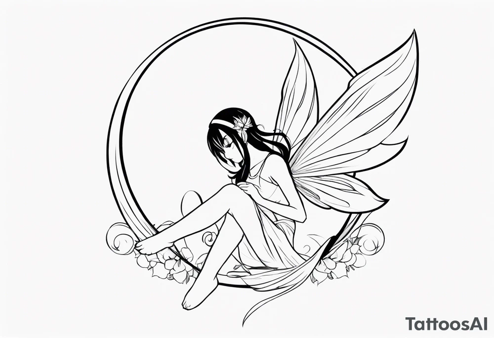 No color sketch of a fairy with a tail inspired by the guild symbol in the anime show called Fairy Tail in a fetal position leaning forward while crawled in and her body is an angle while floating in the air with big wings tattoo idea