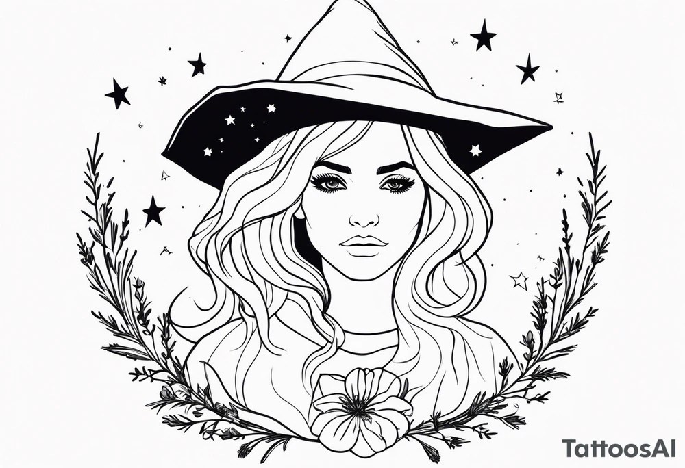 Witch, simple, fantasy, stars, Harry Potter, lavender, rosemary, poppy tattoo idea