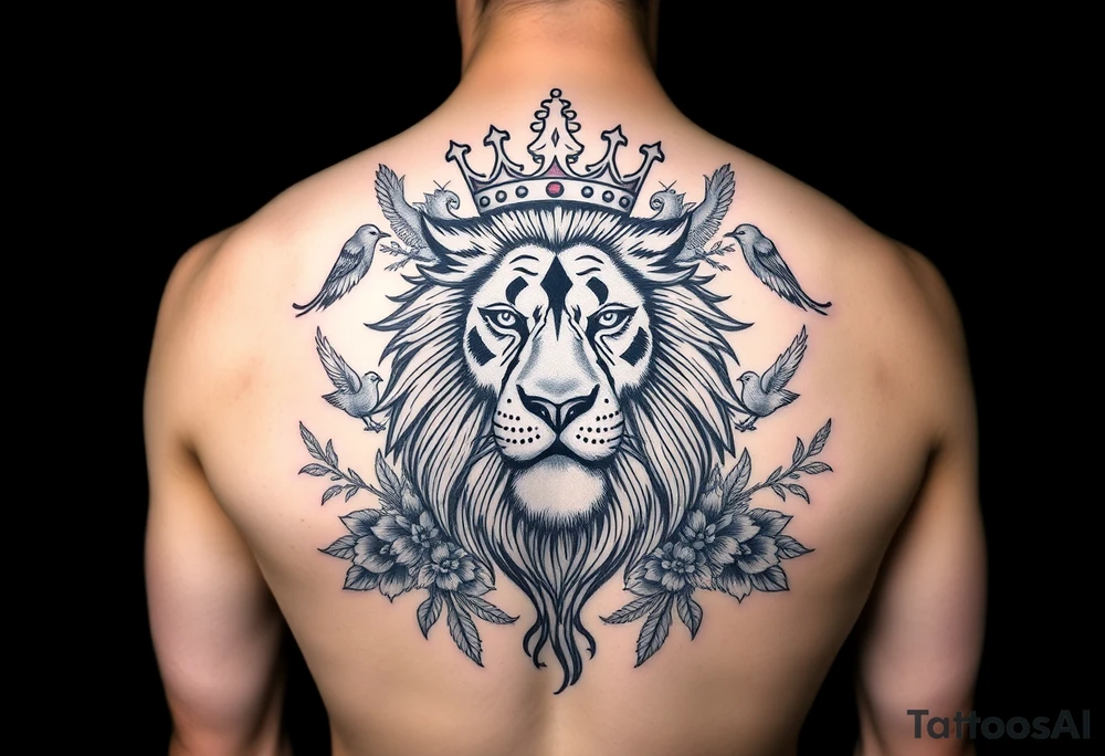 powerful majestic lion with a crown, surrounded by floral ornaments and birds tattoo idea