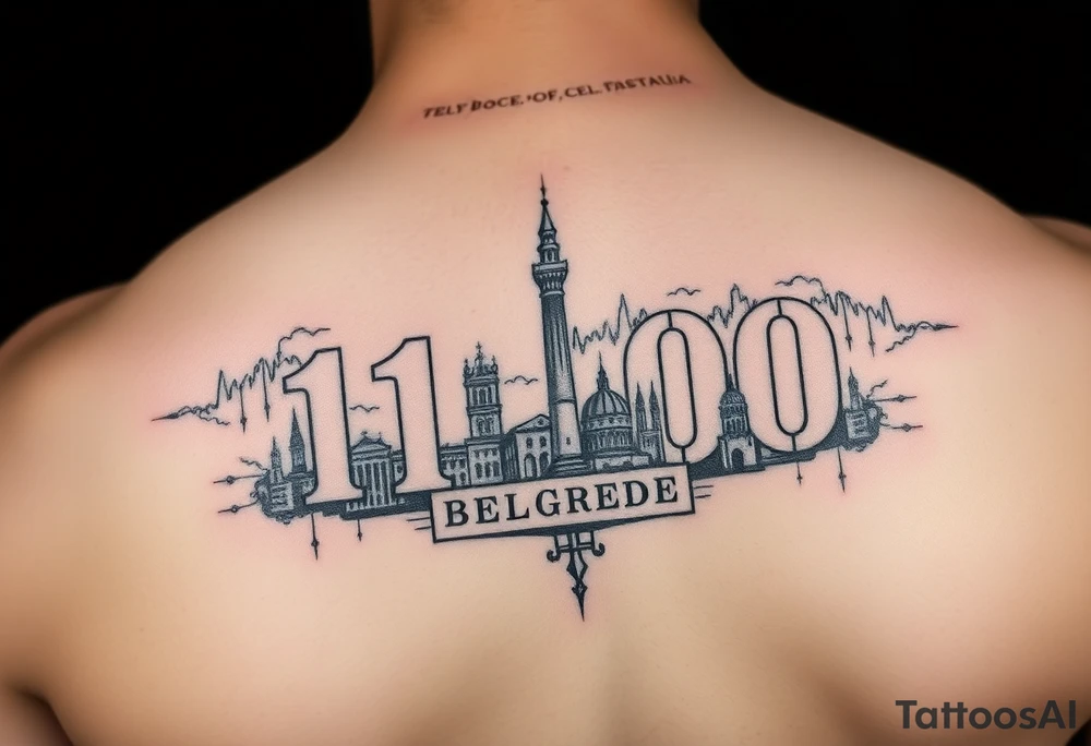 vertical tattoo with text 11000 and motives of Belgrade, Serbia, realism tattoo idea