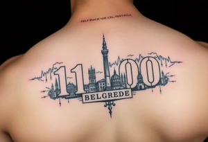 vertical tattoo with text 11000 and motives of Belgrade, Serbia, realism tattoo idea