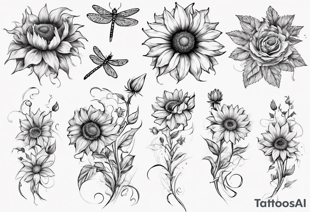 Arm sleeve, sunflowers, dragonflies, three cosmos flower, one violet, one carnation, vines and leaves tattoo idea