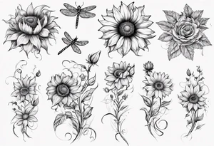 Arm sleeve, sunflowers, dragonflies, three cosmos flower, one violet, one carnation, vines and leaves tattoo idea
