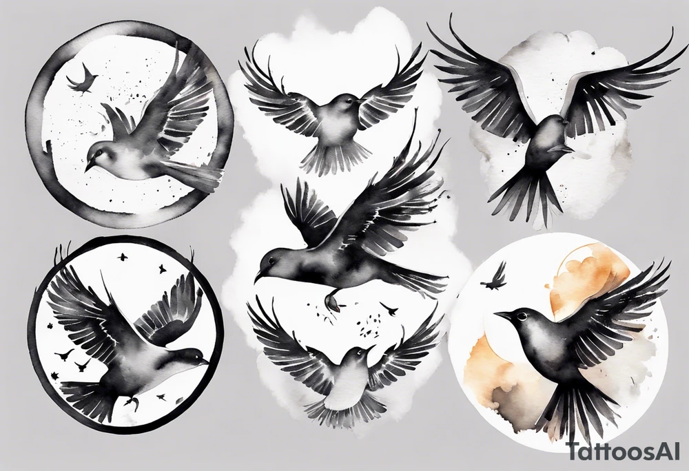 shoulder tattoo with light rays with birds flying free among the clouds, round shape, 3d effect tattoo idea