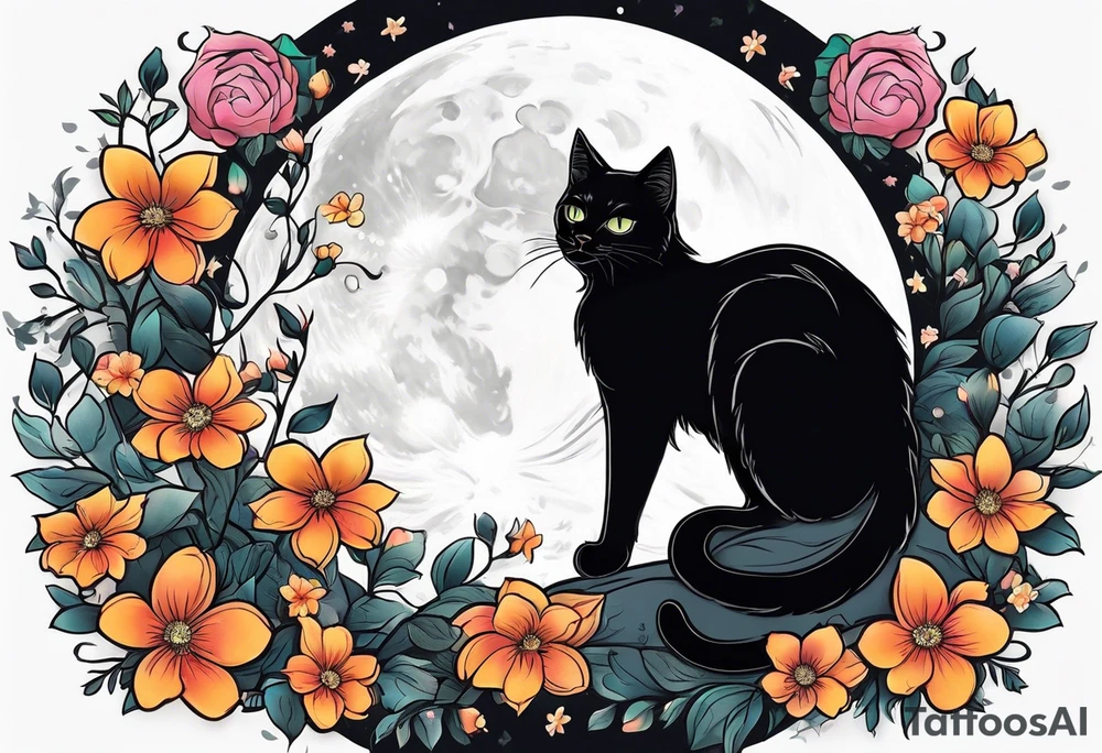 Photo realistic black cat with moon and flowers tattoo idea