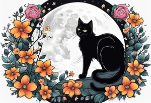Photo realistic black cat with moon and flowers tattoo idea