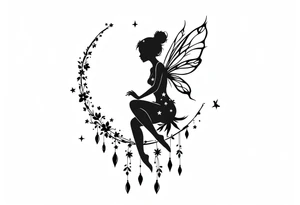 Silhouette of a Fairy sitting on moon with dangles. tattoo idea