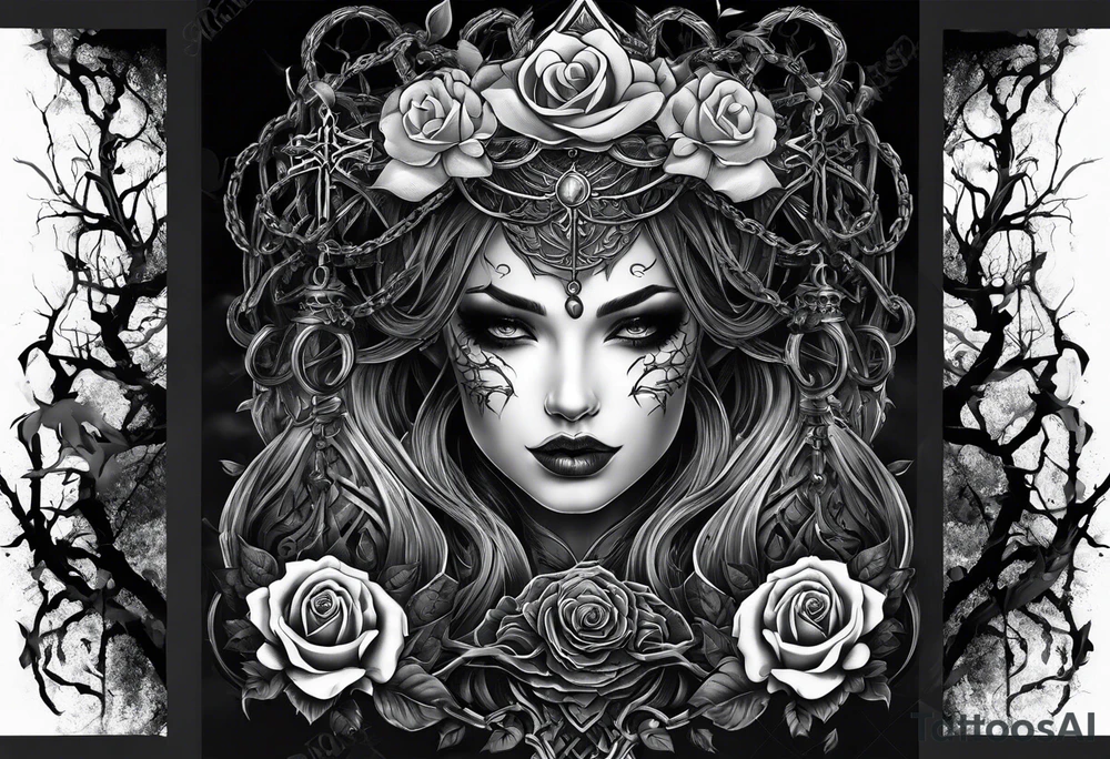 tattoo fool sleeve, dark gothic castle, tree roots break out of the chains, broken mask, roses tattoo idea