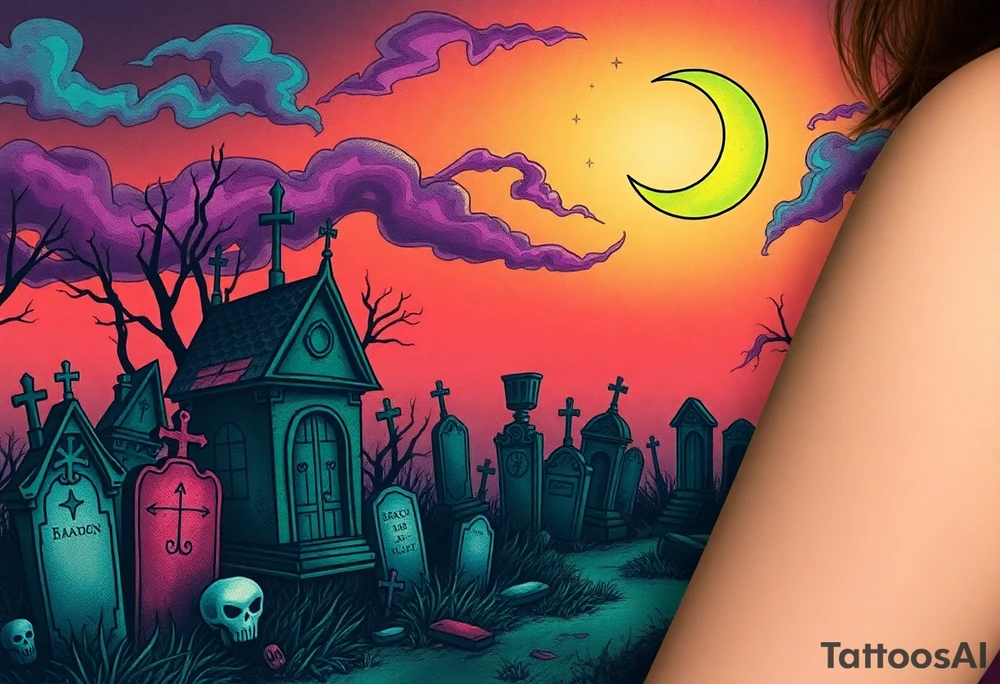 Tim Burton’s haunted victorian graveyard is abandoned and dripping with muted reds, dusty pinks, and eerie green glow.purple and cyan smokey clouds swirl in the crescent moonlit sky thats sprinkled with stars tattoo idea tattoo idea