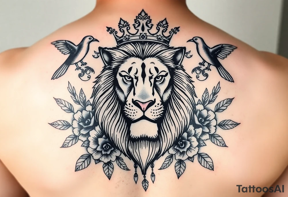 powerful majestic lion with a crown, surrounded by floral ornaments and birds tattoo idea