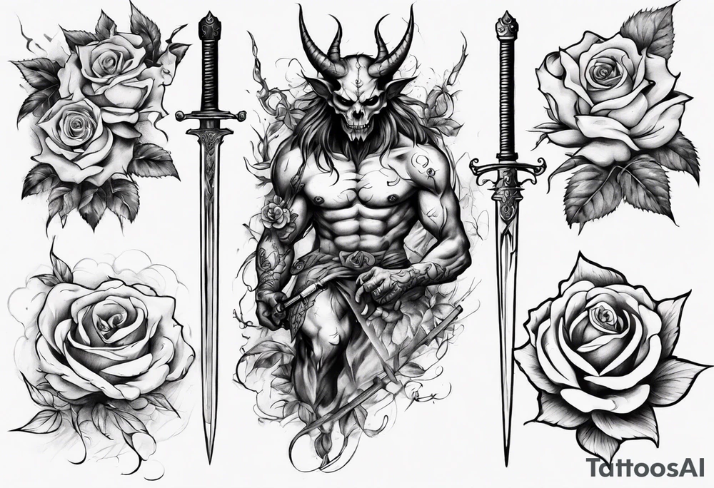 Demon with roses and sword tattoo idea