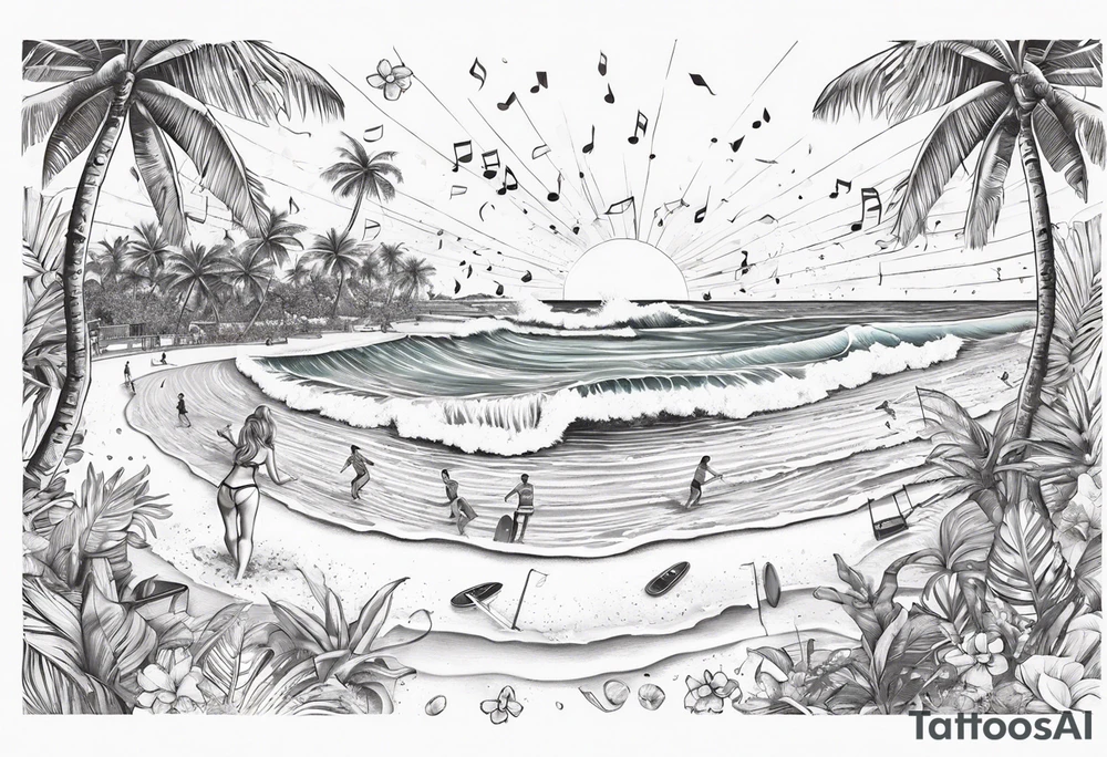 SURFING SAFARI BEACH DANCE 
PARTY WITH CONFETTI AND MUSIC NOTES, TROPICAL DRINKS, SEXY BIKINIS tattoo idea