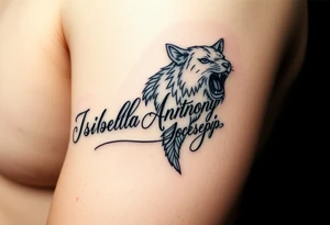 Writing of siblings names with animal. 
Names are, Isabella, Anthony, Joeseph tattoo idea