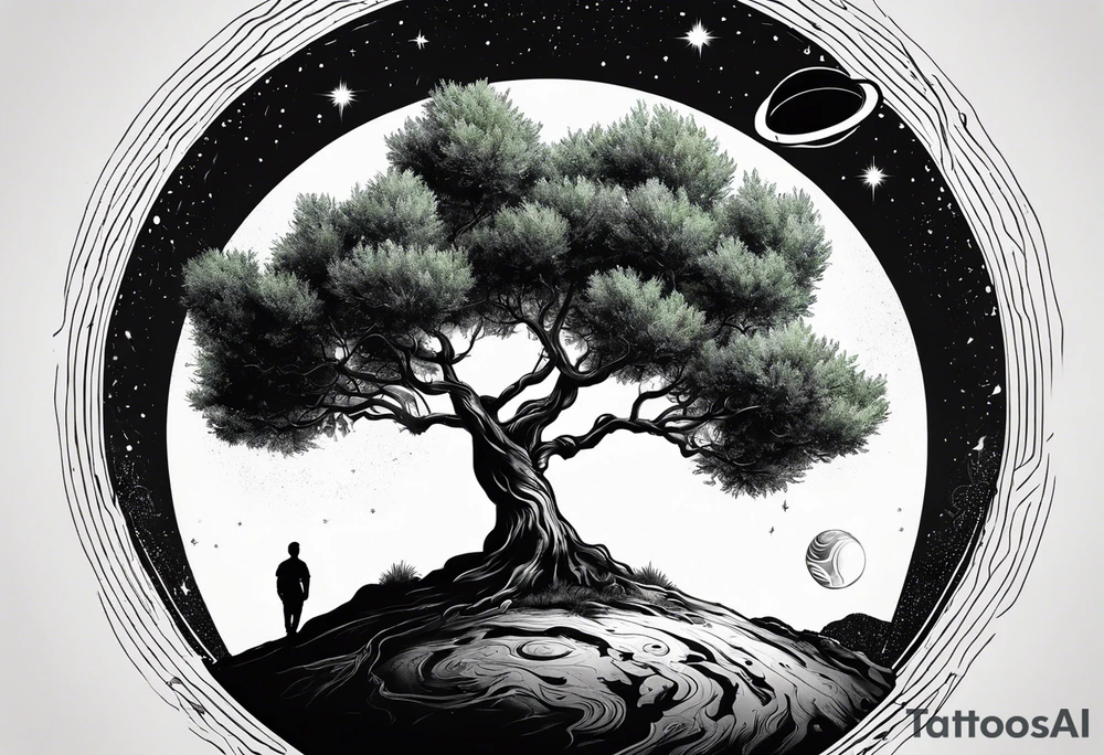 An olive tree in a black hole  with a small Saturn-like planet in in the background. tattoo idea