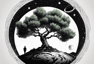An olive tree in a black hole  with a small Saturn-like planet in in the background. tattoo idea