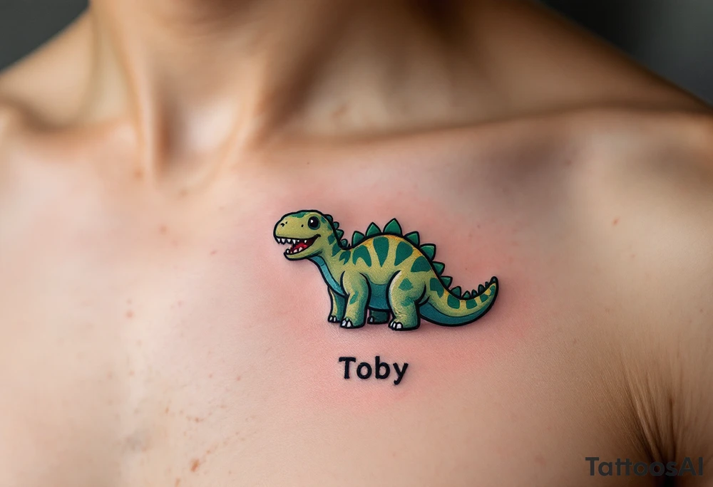 A tiny dinosaur in green and grey, with the son’s nickname Toby written in playful bold font beneath. tattoo idea