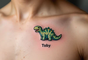 A tiny dinosaur in green and grey, with the son’s nickname Toby written in playful bold font beneath. tattoo idea