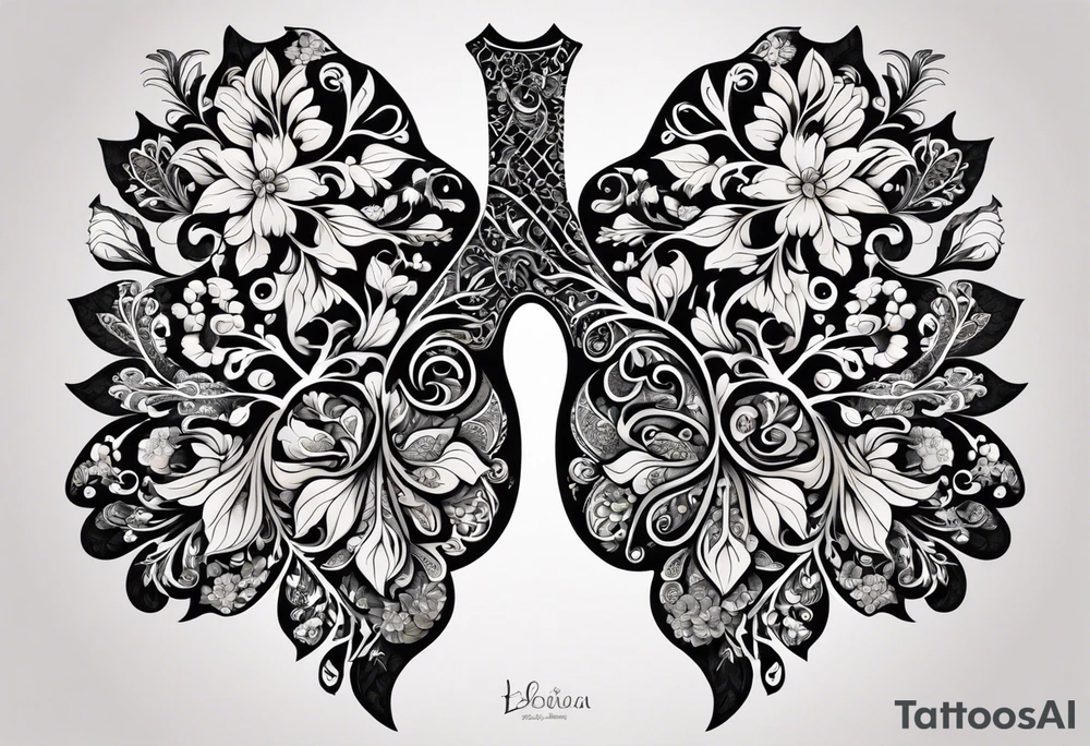 intricate and artistic arrangement of flowers and ornamental patterns that come together to form the shape of human lungs. The design should have a balance of delicacy and detail, with vibrant floral elements seamlessly intertwining to mimic the structure of the lungs, including the bronchi branching into floral motifs. Incorporate subtle shading and depth to give the tattoo a dynamic and organic feel, while maintaining elegance and symmetry tattoo idea
