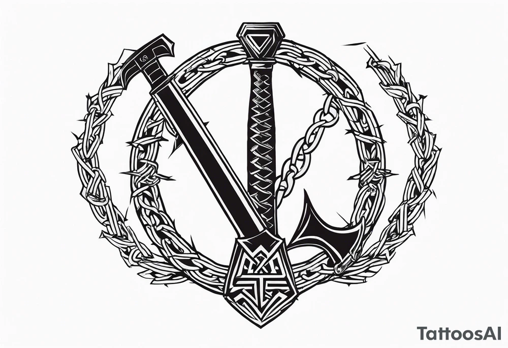 Valhalla sword shield axe barbed wire chains valknut tattoo idea