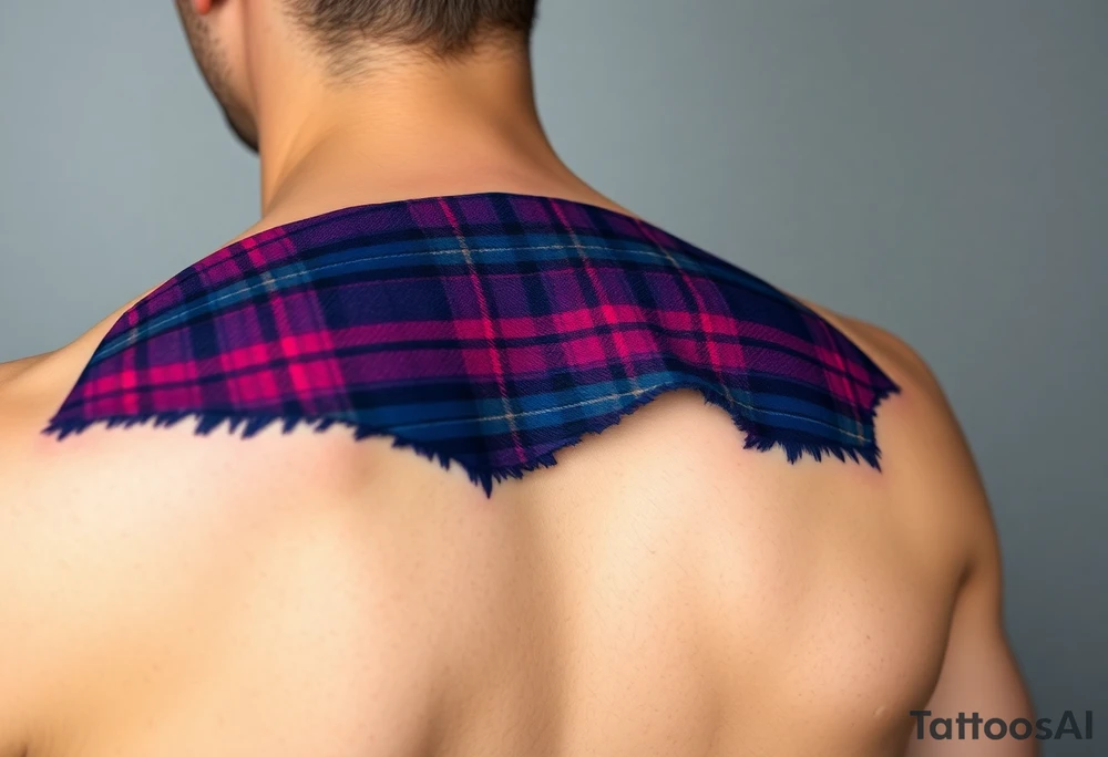 Purple tartan fabric on left shoulder with skin peeling back to reveal tartan underneath tattoo idea