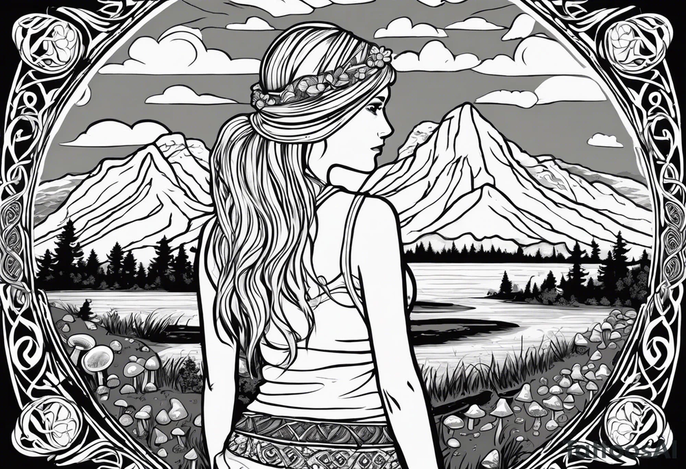 Whole picture encircled fully

Straight long blonde hair hippie girl in distance holding mushrooms in hand facing away toward mountains and creek surrounded by mushrooms long sleeve shirt and hiking pants; whole rendering within a full celtic circle border, no cut off circle tattoo idea