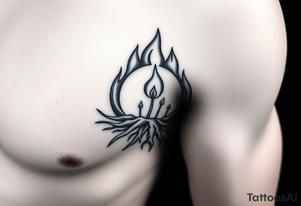 flame in a roots circle, with little sprouts on the archway tattoo idea