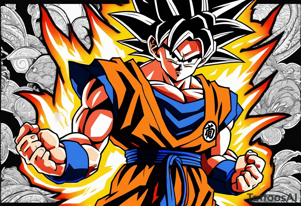 Son-Goku as a super saiyajin . A huge dragonball surrounds the whole scenery. Shadows of Gokus friends are surrounding him. tattoo idea