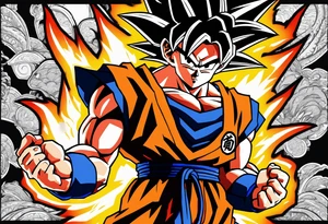 Son-Goku as a super saiyajin . A huge dragonball surrounds the whole scenery. Shadows of Gokus friends are surrounding him. tattoo idea